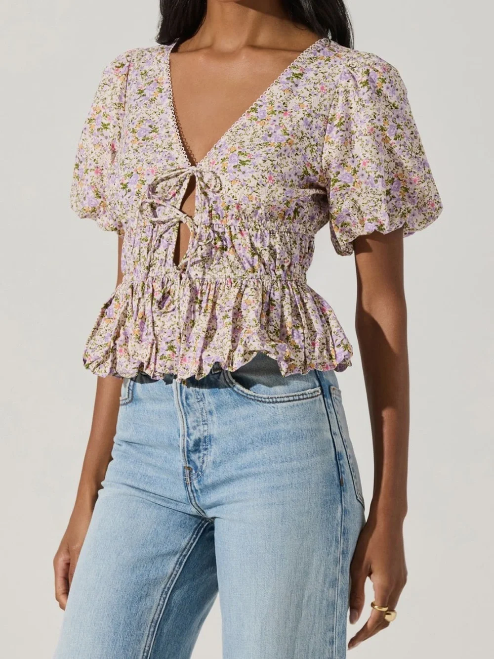 Astr Lilac Floral Smocked Peplum Tie-Front Blouse